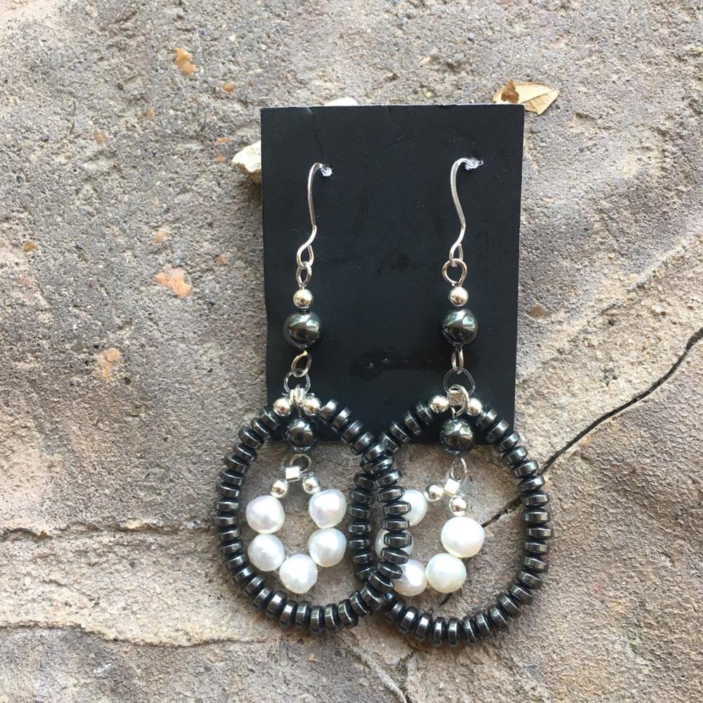 Sterling hematite, mother of pearl, earrings